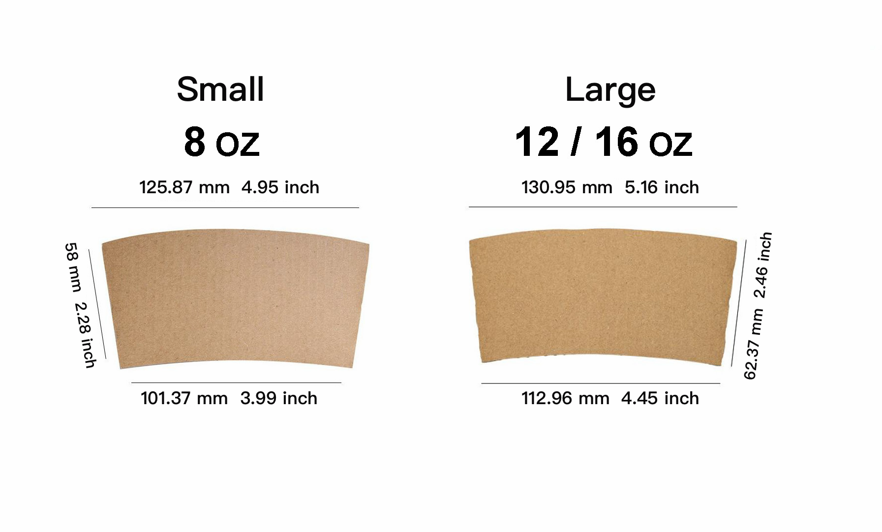 Folded-flat cup sleeve sizes: small 8 oz and large 12–16 oz