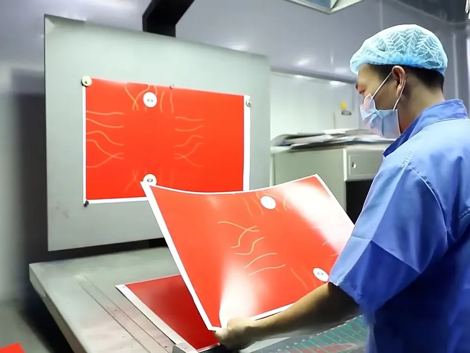 Worker in hair net and mask checking a printed sheet against the reference