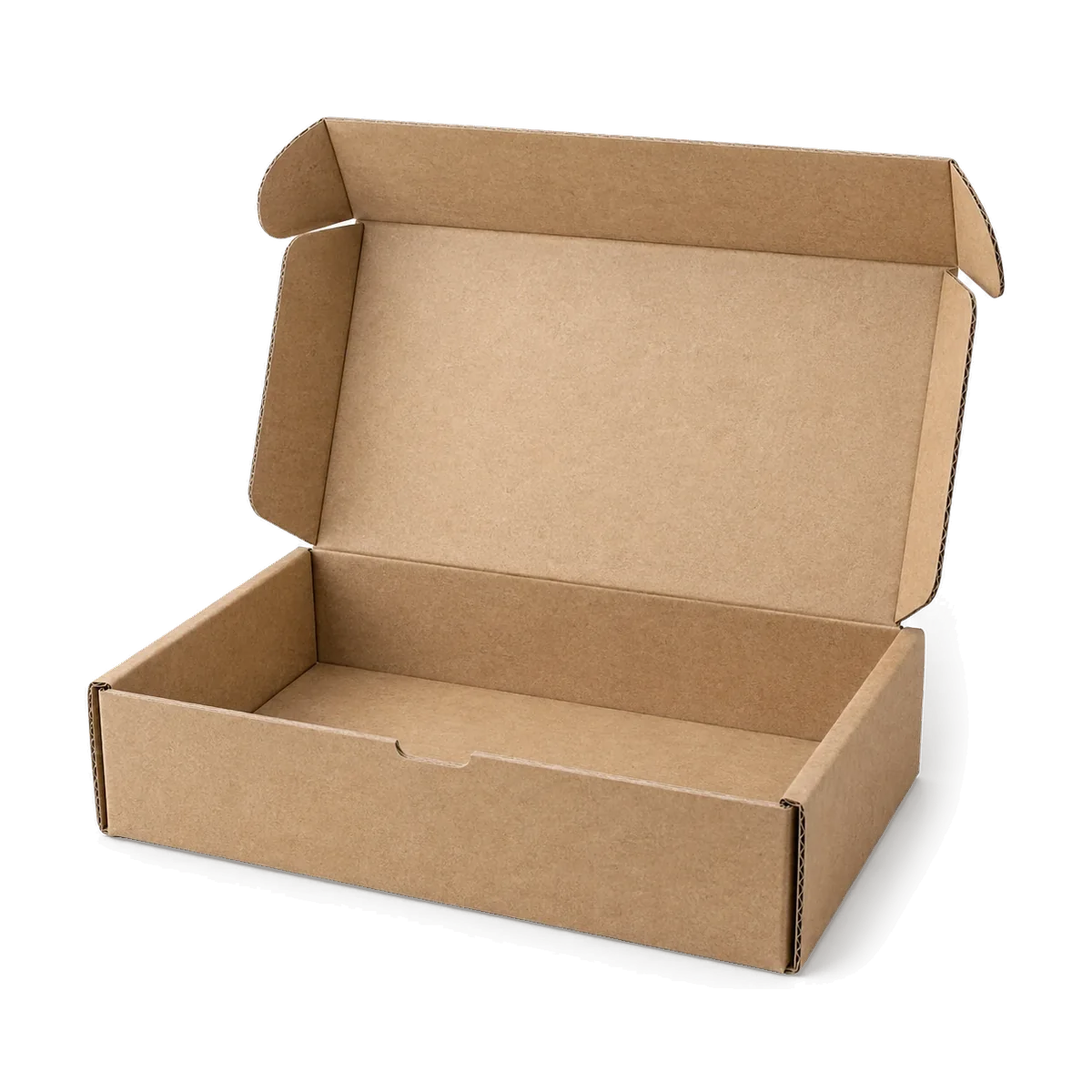 Illustration of an open kraft corrugated mailer box